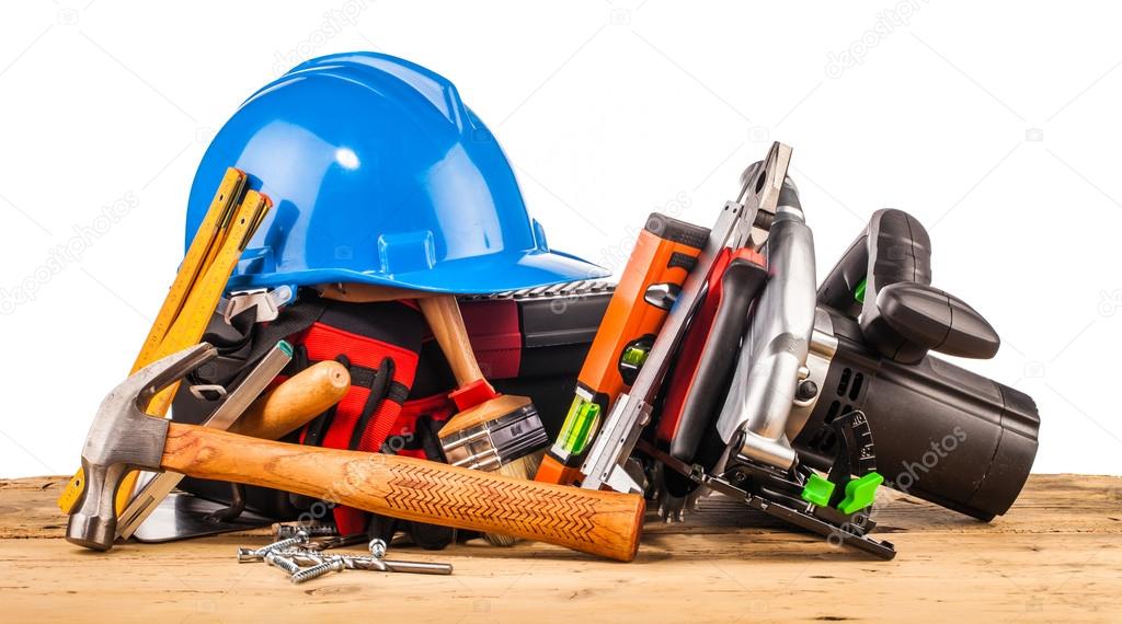 Blue helmet and wood mounting tools