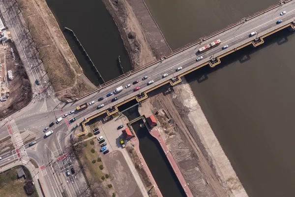 Aerial view of the sluice gate on Odra river — Stock Photo, Image