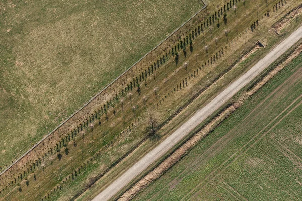 Vue aérienne des champs de récolte et de la route du village — Photo