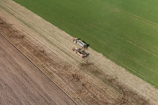 Letecký pohled na pole sklizně s traktorem — Stock fotografie