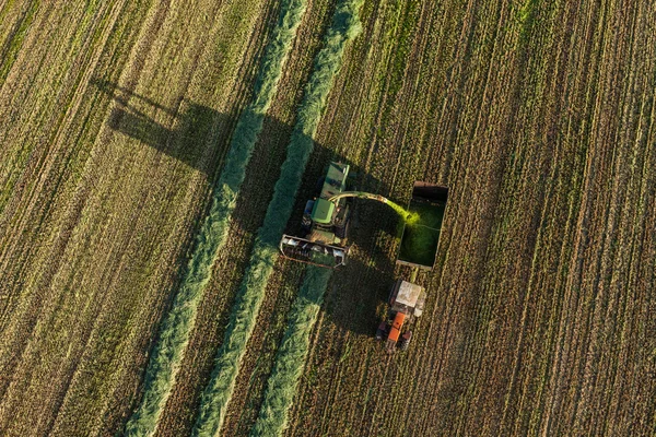 Campos de cosecha con cosechadora y tractor — Foto de Stock