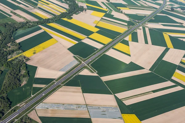 Вид з повітря на дорожні та зелені поля збору врожаю — стокове фото