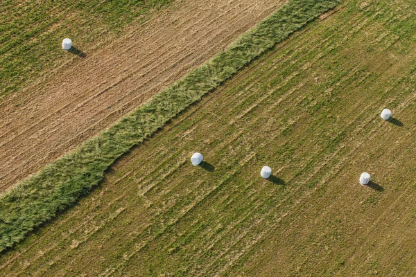 Vista aérea de fardos de feno no campo — Fotografia de Stock