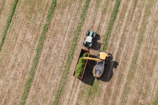 Luchtfoto van oogst veld met trekker en combineren — Stockfoto