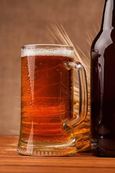 Glass of light beer and spikes of barley — Stock Photo, Image