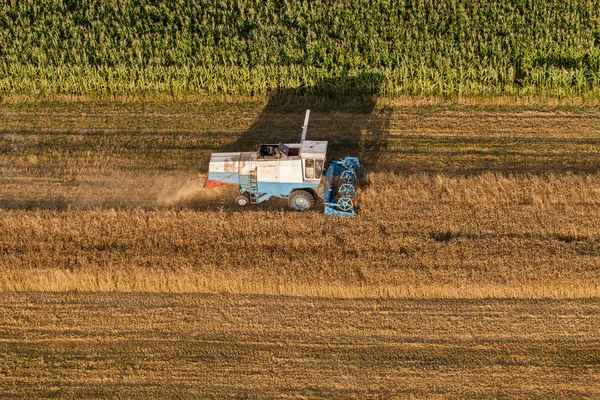 Vista aérea de combine en el campo de cosecha —  Fotos de Stock