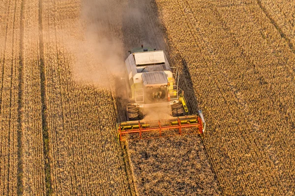 Vista aérea de combinar no campo de colheita — Fotografia de Stock