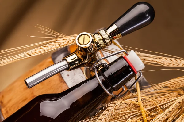 Bottiglia di birra leggera e picchi di orzo — Foto Stock