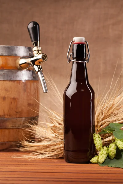 Beer bottle and spikes of barley — Stock Photo, Image