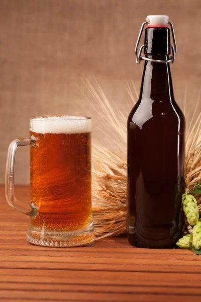 Glass of light beer and spikes of barley — Stock Photo, Image