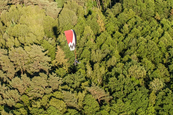 Vista aérea do paramotor voando sobre a floresta — Fotografia de Stock