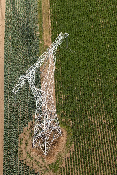 Luftaufnahme von elektrischen Leitungen in Feldern — Stockfoto