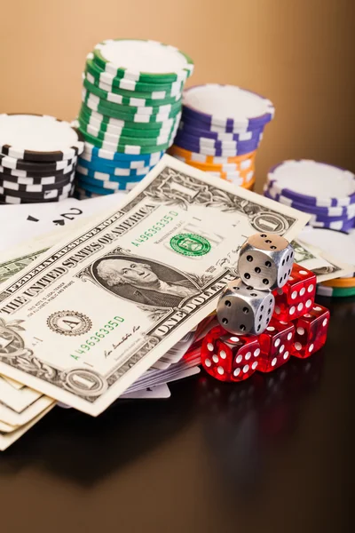 Money and set of playing card with dices — Stock Photo, Image