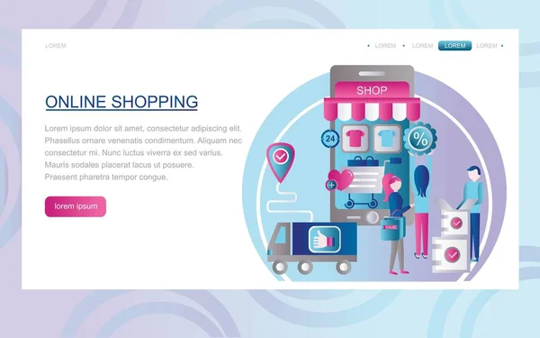 Shopping Online Banner Concetto Sviluppo Siti Web Applicazioni Mobili Illustrazione — Vettoriale Stock