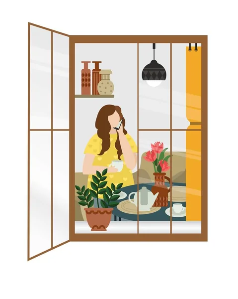 Menina Está Falando Telefone Casa Bebendo Chá Café Ilustração Vetorial —  Vetores de Stock