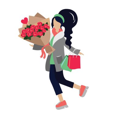 Paketleri ve buketi olan bir kız. Vektör çizimi. Bir kartpostal ya da afiş şablonu. Tatil günü. Sevgililer Günü.