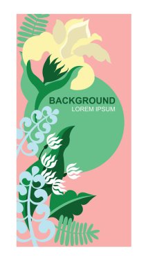 Çiçekler ve bitkiler. Dikey pankart, kartpostal ya da poster için boş. Vektör çizimi. Bahar, sosyal ağların tarihi. Çiçekli, bitkili ve yeşillikli arkaplanlar. 