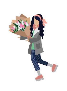 Elinde bir buket lale olan bir kız. Vektör çizimi. Tatil günü. Bahar günü. Bir kartpostal ya da poster için boş.