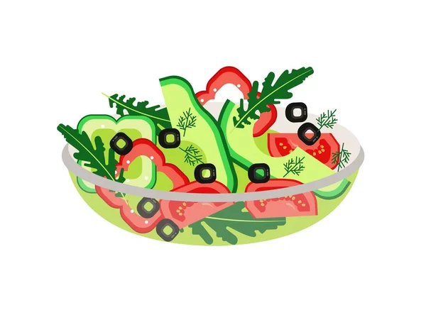 Salata. Taze sebzeler ve bitkiler. Sağlıklı yiyecekler, ekolojik ürünler. Lezzetli vejetaryen atıştırması. Vektör çizimi. Düzgün beslenme. Bayram yemeği..