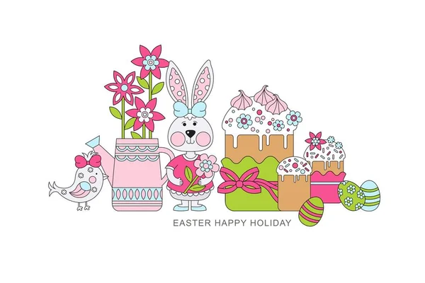 复活节快乐 复活节蛋糕和彩蛋春天的花朵和鸟儿复活节的兔子矢量图解 复活节贺卡 — 图库矢量图片