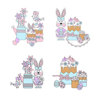 Paskalya tatili. Paskalya temasında vektör bileşimleri kümesi. Çıkartma ya da kartpostal seti. Paskalya pastaları ve Paskalya yumurtaları.