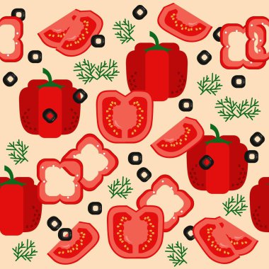 Taze sebzeler ve otlarla dolu bir arka plan. Geometrik dikişsiz kalıp, patern. Sağlıklı yiyecekler, ekolojik ürünler. Lezzetli vejetaryen atıştırması. Vektör çizimi. Uygun beslenme.