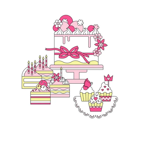 Cake Cupcakes Pastries Cake Pieces Celebration Birthday Vector Illustration Postcard — Stock Vector