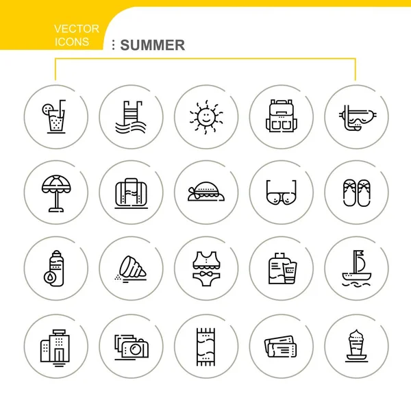 Sommar Uppsättning Vektorer Linjära Ikoner Setet Innehåller Ikoner Som Baddräkt — Stock vektor