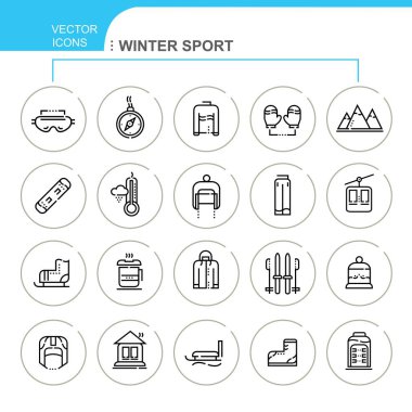 Kış sporu. Vektör kümesi, doğrusal, düz simgeler. Set kayak, paten, snowboard ve diğerleri gibi ikonlar içeriyor..