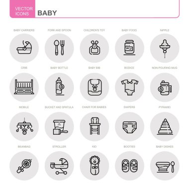 - Bebeğim. Vektör kümesi, doğrusal simgeler. Set bebek arabası, patiler, oyuncaklar, emzik, kıyafetler ve diğerleri gibi rozetler içeriyor..
