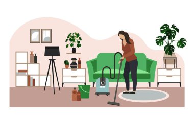 Kız evleri temizliyor, yerleri süpürüyor. Temizlik. İskandinav tarzında modern iç mekan. Sitenin afişi. Vektör illüstrasyonu.