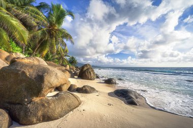 Güzel tropikal plaj anse marie-louise granit kayalar ve Seyşeller 'in kumlarında palmiye ağaçları