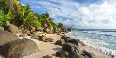 Güzel tropikal plaj anse marie-louise granit kayalar ve Seyşeller 'in kumlarında palmiye ağaçları