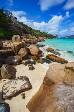 Seyşel Adaları 'nın tropikal sahillerinde bir sürü granit kayası var.