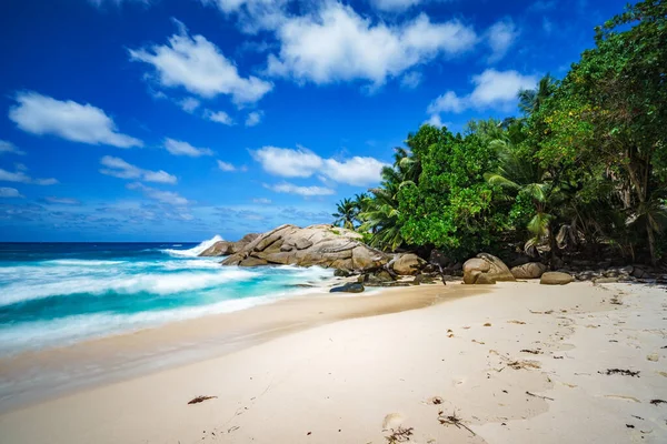 Prachtig Paradijselijk Tropisch Strand Met Palmbomen Granieten Rotsen Wit Zand — Stockfoto