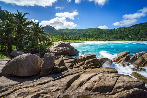 Beautiful Sunset Paradise Tropical Beach Granite Rocks Shadows Sand Turquoise — Φωτογραφία Αρχείου