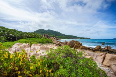 Seyşeller 'deki La Digue' deki Anse Songe 'da tropik kayalık sahil şeridi.