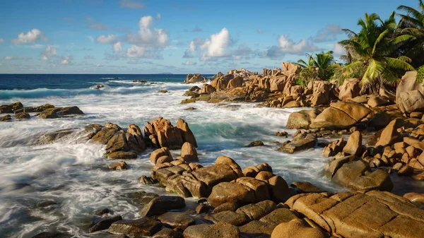 Sunrise Tropical Rocky Coastline Anse Songe Digue Seychelles — Stock Photo, Image