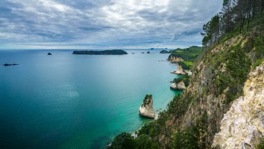 Yukarıdan bak. Katedral Koyu, Coromandel, Yeni Zelanda kıyı şeridi panoraması