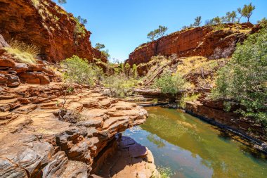Batı Avustralya 'daki Karijini Ulusal Parkı' ndaki derin ve dar Weano Vadisi 'nde yürüyüş.