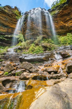 Mavi dağların ulusal parkında güzel şelaleler. Wenthworth Şelalesi, Yeni Güney Galler, Avustralya