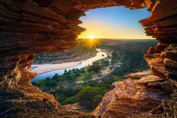 Zonsopgang Bij Naturen Venster Woestijn Van Kalbarri Nationaal Park West — Stockfoto