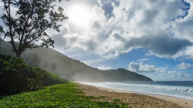 Mahe 'deki Cennet Sahili Anse Bazarkası. Beyaz kum, turkuaz su, palmiye ağaçları, granit kayalar, seyşeller.