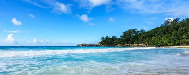 Engebeli granit kayaları, beyaz kumları, ormandaki palmiye ağaçları ve Seyşeller 'deki polis koyundaki Hint okyanusunun turkuaz suyu ile güzel ve vahşi tropikal plajlar.