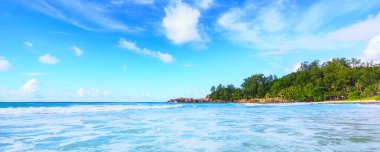 Engebeli granit kayaları, beyaz kumları, ormandaki palmiye ağaçları ve Seyşeller 'deki polis koyundaki Hint okyanusunun turkuaz suyu ile güzel ve vahşi tropikal plajlar.