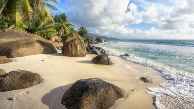 Güzel tropikal plaj anse marie-louise granit kayalar ve Seyşeller 'in kumlarında palmiye ağaçları