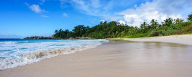 Engebeli granit kayaları, beyaz kumları, ormandaki palmiye ağaçları ve Seyşeller 'deki polis koyundaki Hint okyanusunun turkuaz suyu ile güzel ve vahşi tropikal plajlar.