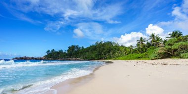 Engebeli granit kayaları, beyaz kumları, ormandaki palmiye ağaçları ve Seyşeller 'deki polis koyundaki Hint okyanusunun turkuaz suyu ile güzel ve vahşi tropikal plajlar.