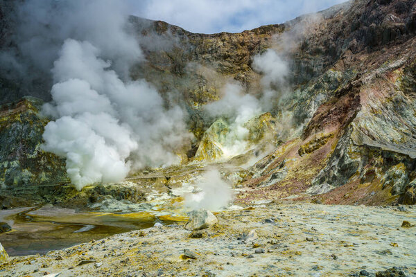 moonscape inside of volcanic crater on white island in new zealand