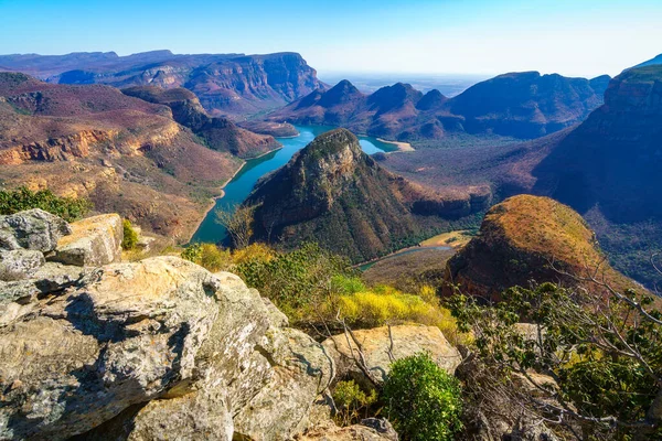 Vista Impressionante Três Rondavels Desfiladeiro Rio Blyde África Sul Fotografia De Stock